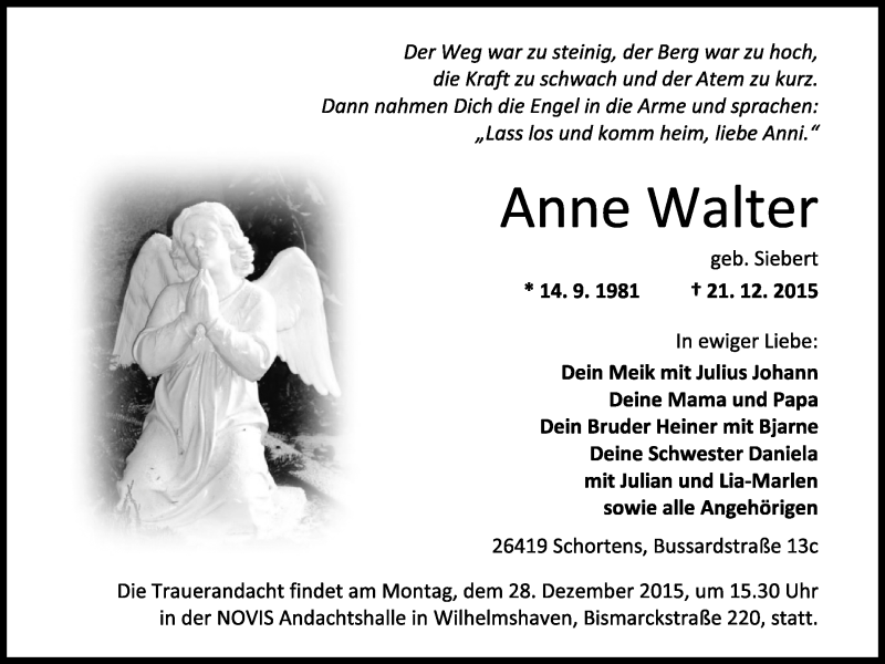  Traueranzeige für Anne Walter vom 23.12.2015 aus Nordwest-Zeitung