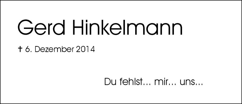  Traueranzeige für Gerd Hinkelmann vom 05.12.2015 aus Nordwest-Zeitung