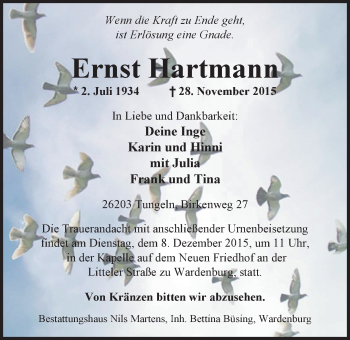 Traueranzeige von Ernst Hartmann von Nordwest-Zeitung