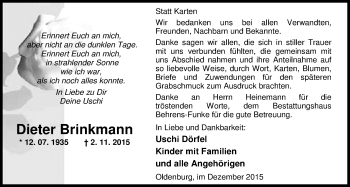 Traueranzeige von Dieter Brinkmann von Nordwest-Zeitung