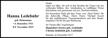 Traueranzeige von Hanna Ledebuhr von Nordwest-Zeitung