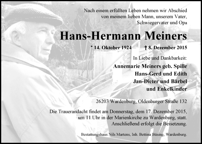  Traueranzeige für Hans-Hermann Meiners vom 12.12.2015 aus Nordwest-Zeitung