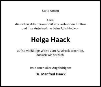 Traueranzeige von Helga Haack von Nordwest-Zeitung