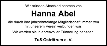 Traueranzeige von Hanna Abel von Nordwest-Zeitung
