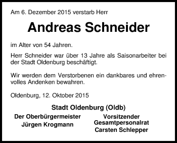 Traueranzeige von Andreas Schneider von Nordwest-Zeitung