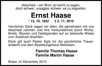 Traueranzeige von Ernst Haase von Nordwest-Zeitung