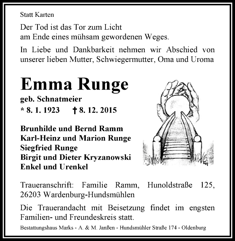  Traueranzeige für Emma Runge vom 11.12.2015 aus Nordwest-Zeitung