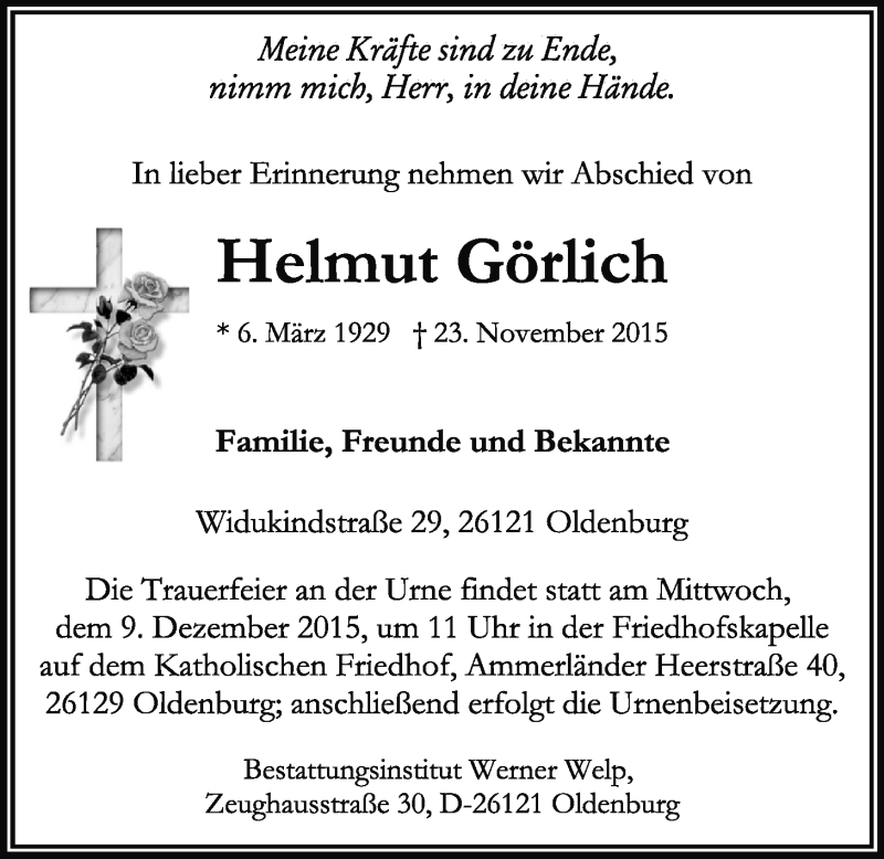  Traueranzeige für Helmut Görlich vom 05.12.2015 aus Nordwest-Zeitung