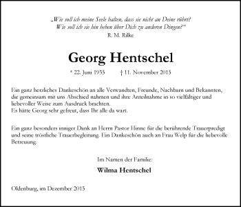 Traueranzeige von Georg Hentschel von Nordwest-Zeitung