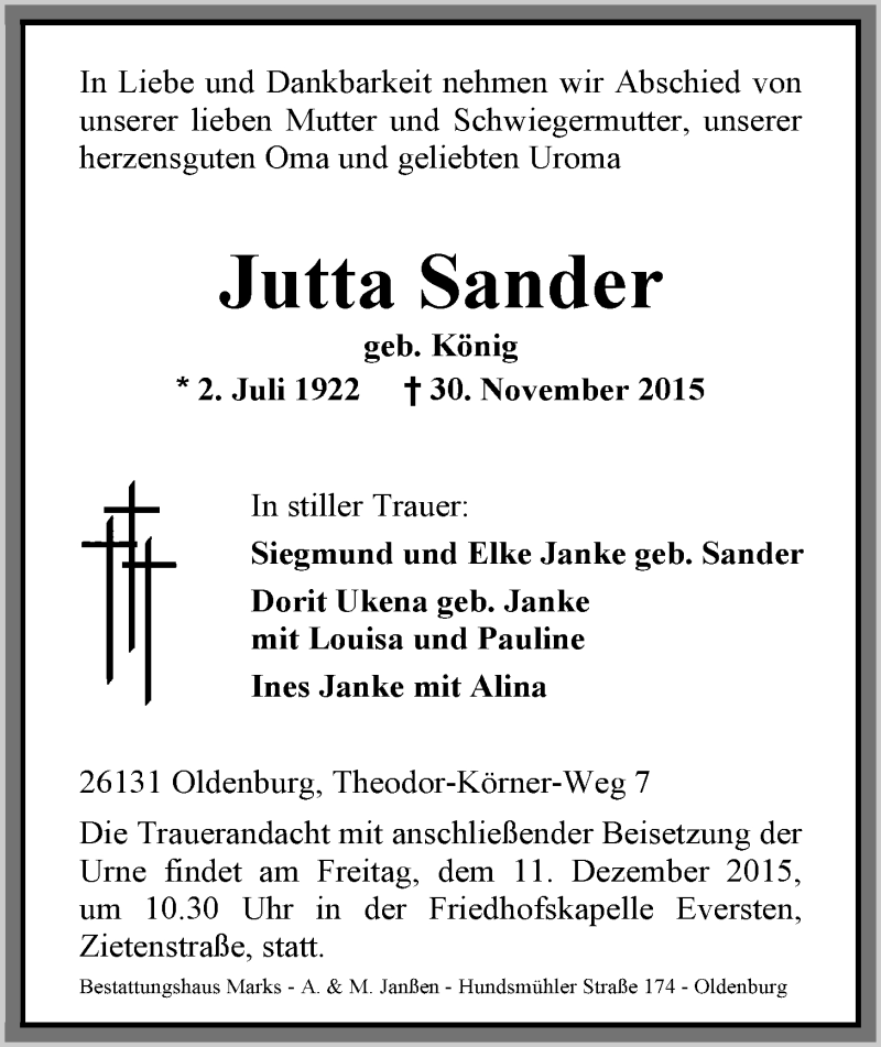  Traueranzeige für Jutta Sander vom 04.12.2015 aus Nordwest-Zeitung