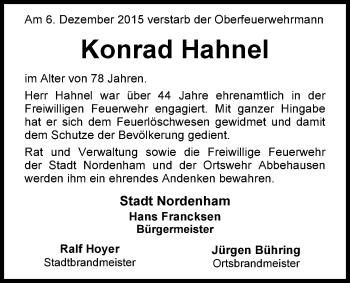 Traueranzeige von Konrad Hahnel von Nordwest-Zeitung