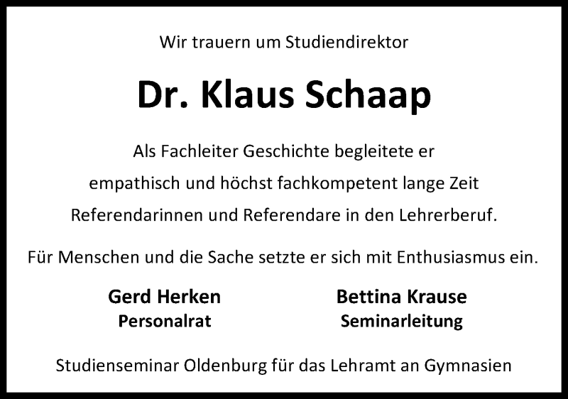  Traueranzeige für Klaus Schaap vom 01.12.2015 aus Nordwest-Zeitung
