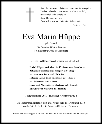 Traueranzeige von Eva Maria Hüppe von Nordwest-Zeitung