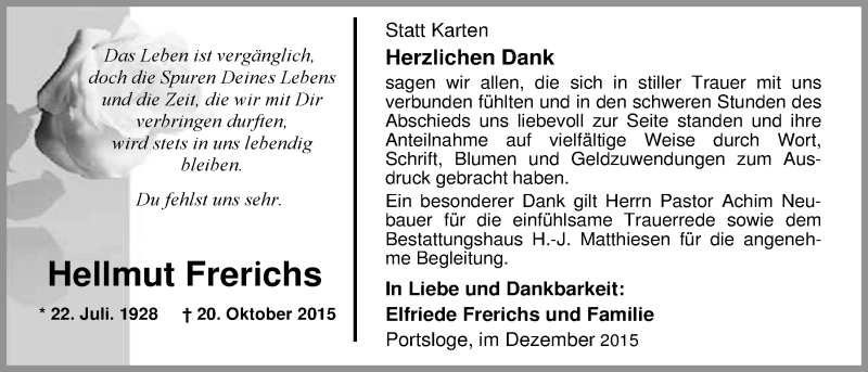  Traueranzeige für Hellmut Frerichs vom 19.12.2015 aus Nordwest-Zeitung