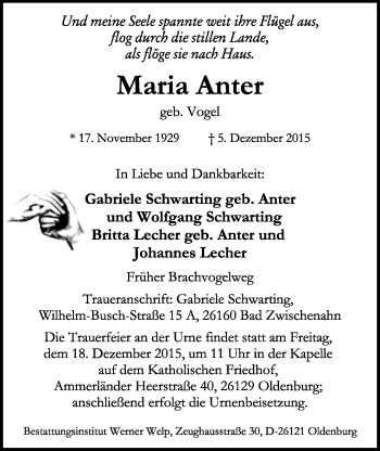 Traueranzeige von Maria Anter von Nordwest-Zeitung