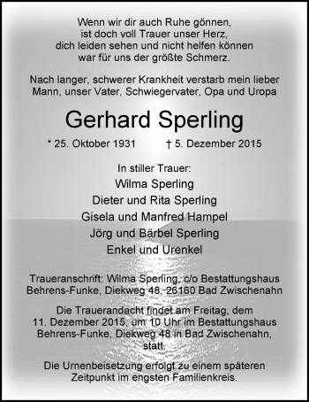 Traueranzeige von Gerhard Sperling von Nordwest-Zeitung