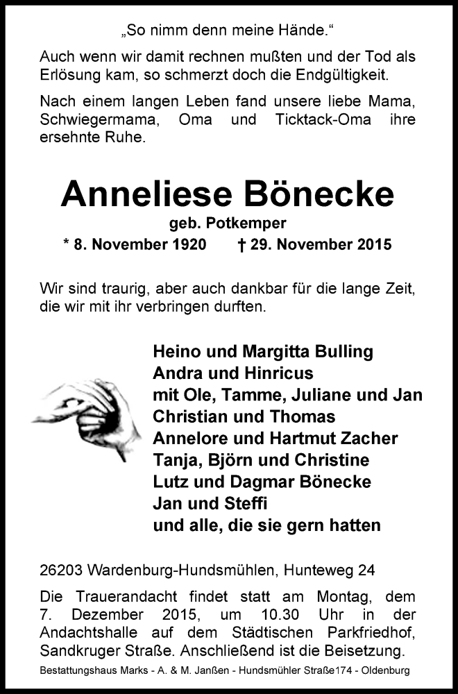 Traueranzeige für Anneliese Bönecke vom 02.12.2015 aus Nordwest-Zeitung