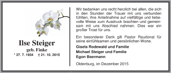 Traueranzeige von Ilse Steiger von Nordwest-Zeitung