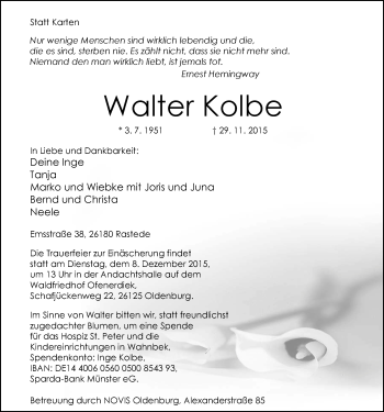 Traueranzeige von Walter Kolbe von Nordwest-Zeitung