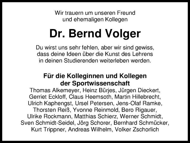  Traueranzeige für Bernd Volger vom 21.12.2015 aus Nordwest-Zeitung