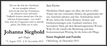 Traueranzeige von Johanna Sieghold von Nordwest-Zeitung