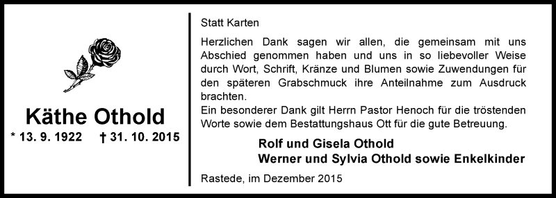  Traueranzeige für Käthe Othold vom 12.12.2015 aus Nordwest-Zeitung