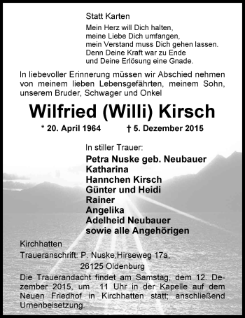 Traueranzeige von Wilfried Kirsch von Nordwest-Zeitung