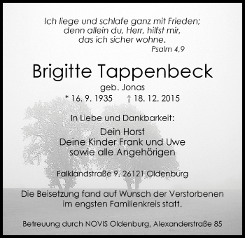Traueranzeige von Brigitte Tappenbeck von Nordwest-Zeitung
