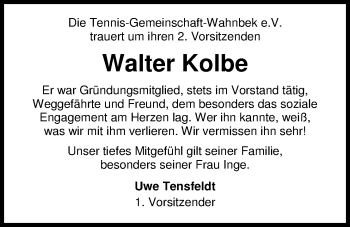 Traueranzeige von Walter Kolbe von Nordwest-Zeitung