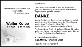Traueranzeige von Walter Kolbe von Nordwest-Zeitung