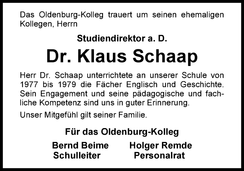  Traueranzeige für Klaus Schaap vom 04.12.2015 aus Nordwest-Zeitung