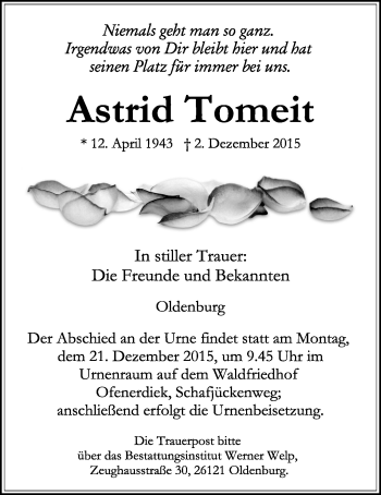 Traueranzeige von Astrid Tomeit von Nordwest-Zeitung