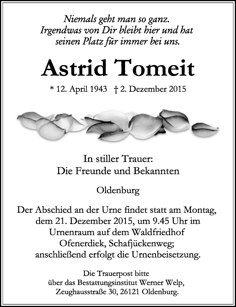  Traueranzeige für Astrid Tomeit vom 16.12.2015 aus Nordwest-Zeitung