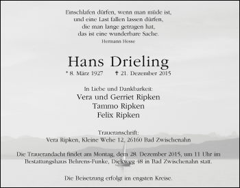 Traueranzeige von Hans Drieling von Nordwest-Zeitung