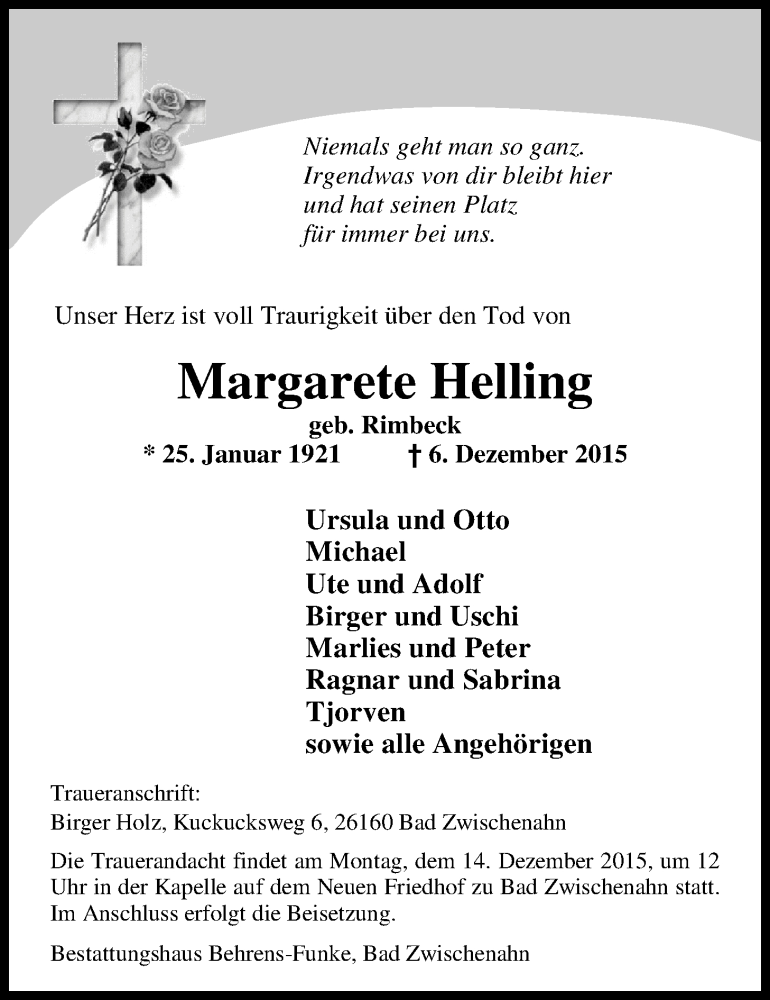  Traueranzeige für Margarete Helling vom 10.12.2015 aus Nordwest-Zeitung