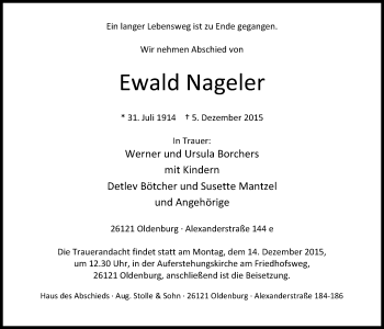 Traueranzeige von Ewald Nageler von Nordwest-Zeitung