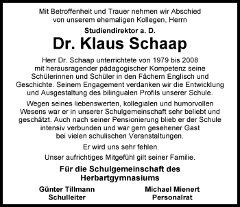 Traueranzeige von Klaus Schaap von Nordwest-Zeitung