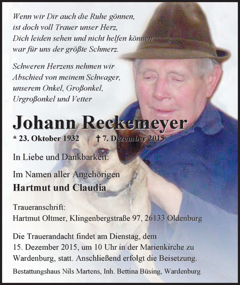  Traueranzeige für Johann Reckemeyer vom 11.12.2015 aus Nordwest-Zeitung