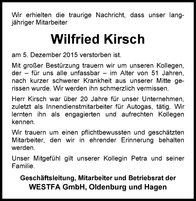  Traueranzeige für Wilfried Kirsch vom 08.12.2015 aus Nordwest-Zeitung