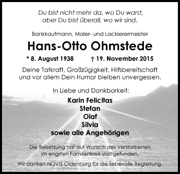 Traueranzeige von Hans-Otto Ohmstede von Nordwest-Zeitung