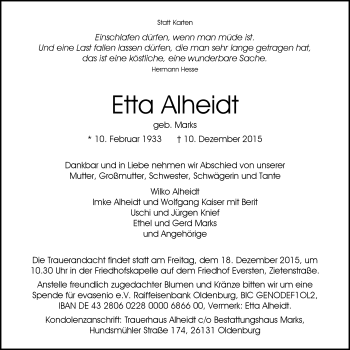 Traueranzeige von Etta Alheidt von Nordwest-Zeitung