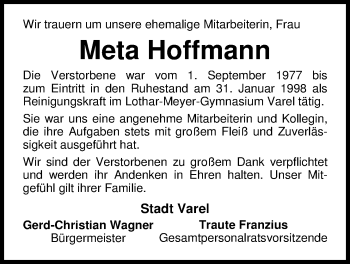 Traueranzeige von Meta Hoffmann von Nordwest-Zeitung