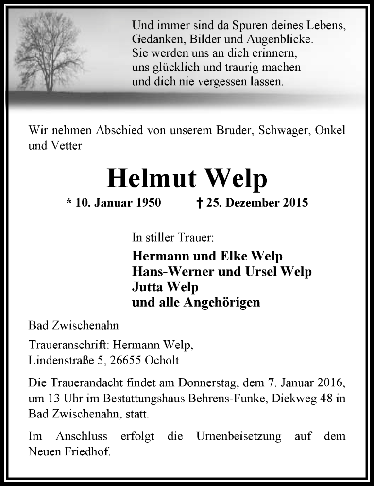 Traueranzeige für Helmut Welp vom 31.12.2015 aus Nordwest-Zeitung
