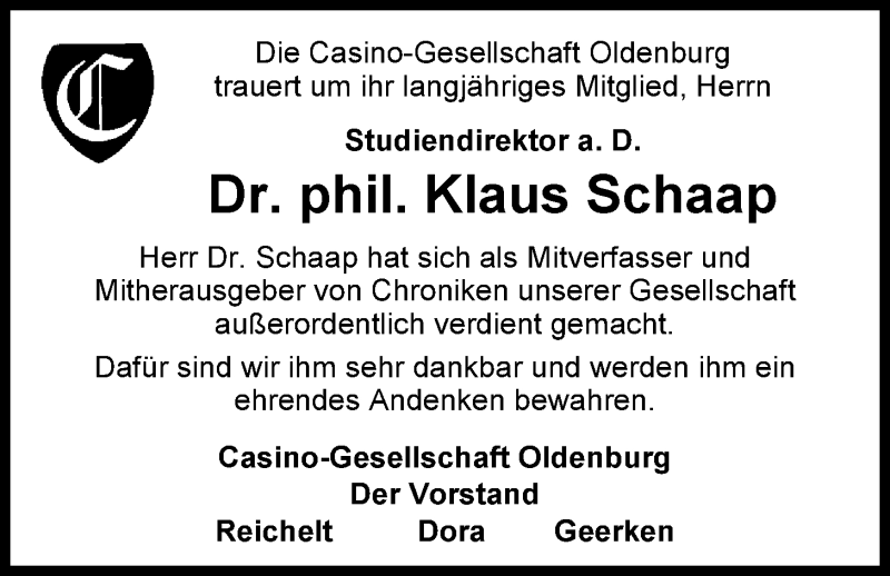 Traueranzeige für Klaus Schaap vom 01.12.2015 aus Nordwest-Zeitung