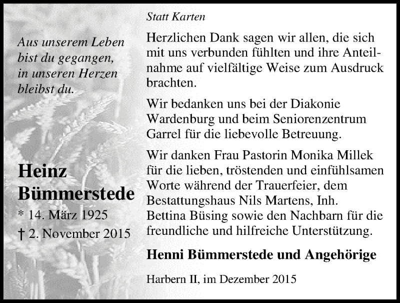  Traueranzeige für Heinz Bümmerstede vom 30.12.2015 aus Nordwest-Zeitung