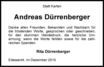 Traueranzeige von Andreas Dürrenberger von Nordwest-Zeitung