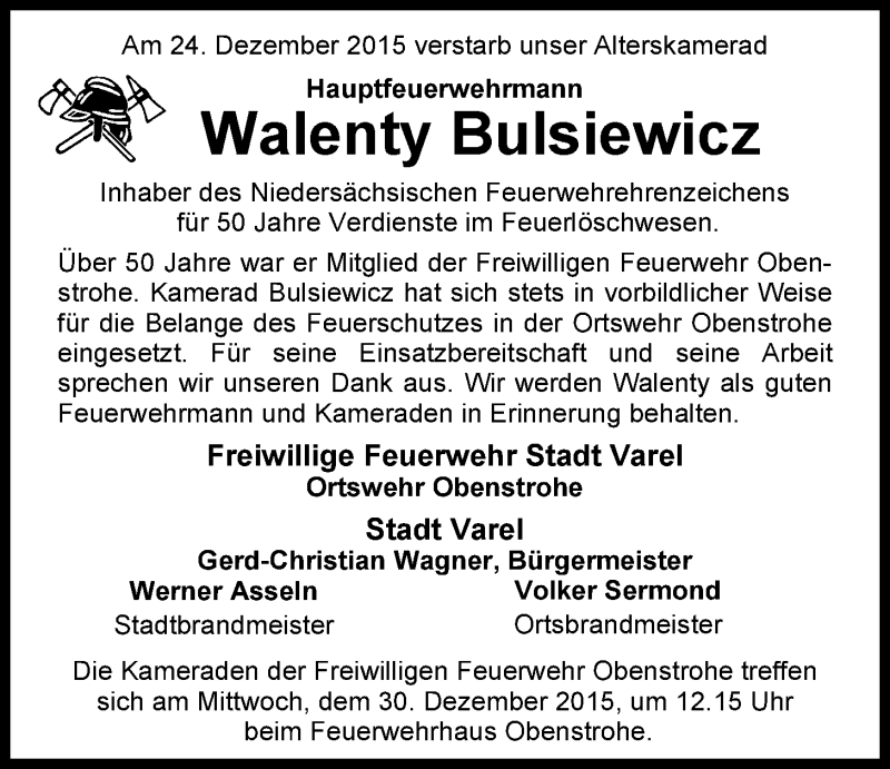  Traueranzeige für Walenty Bulsiewicz vom 29.12.2015 aus Nordwest-Zeitung