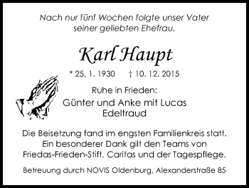 Traueranzeige von Karl Haupt von Nordwest-Zeitung