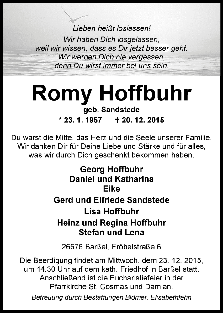  Traueranzeige für Romy Hoffbuhr vom 22.12.2015 aus Nordwest-Zeitung