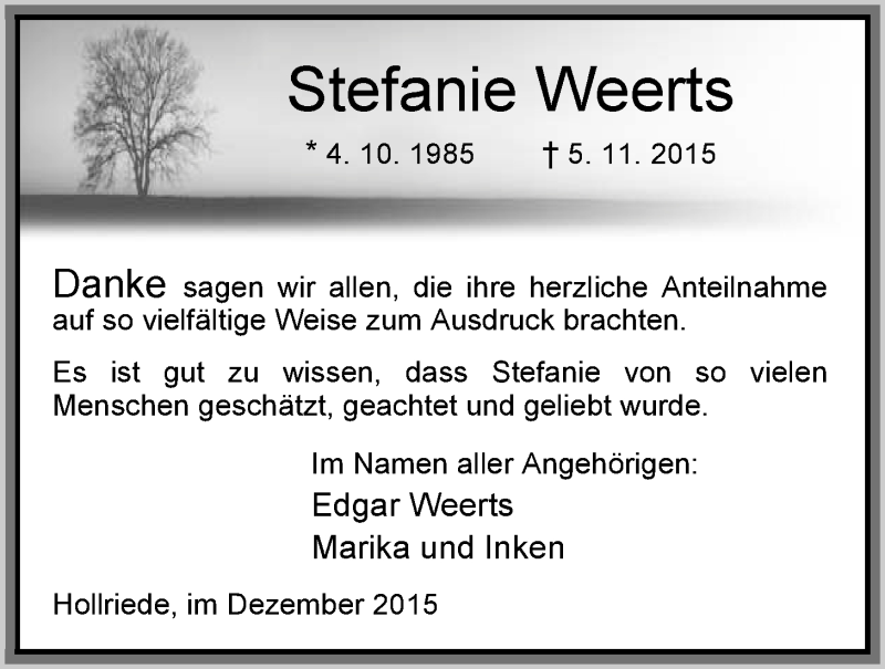  Traueranzeige für Stefanie Weerts vom 12.12.2015 aus Nordwest-Zeitung